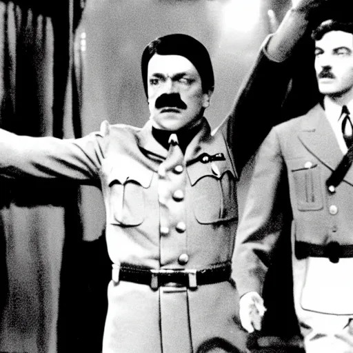 Prompt: A movie still of Hitler wearing a disco suit in Satuday Night Fever