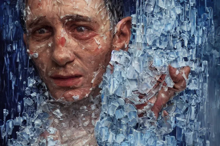 Image similar to palette knife oil painting of a patient at a mental asylum who is frozen with ice, extreme detail, artstation trending, artgerm, any racial background, deviant art, octane, substance, art history 8 k