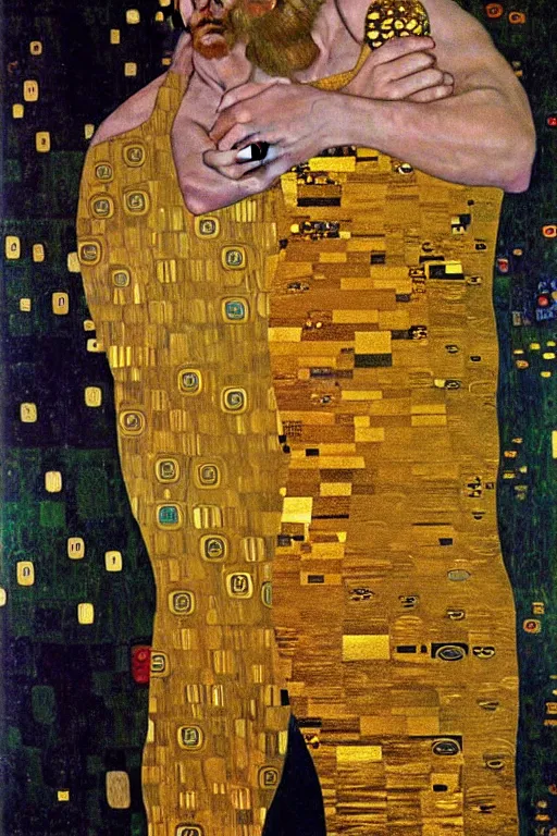 Image similar to A man wearing golden clothes, muscular, fantasy, painting by Gustav Klimt