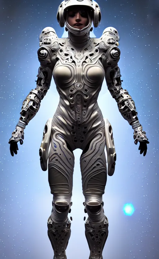 Prompt: sexy muscular ornate feminine cyborg in full body skin space suit, helmet, concept art, joshua rife, laser, intricate, highlydetailed, space background, artstation 4 k raytracing, shadows, highlights, illumination