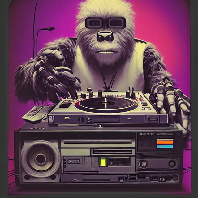 Prompt: a polaroid portrait of an anthropomorphic cyberpunk bigfoot dj at the turntables spinning records, detailed render, tape deck, boombox, headphones, epic composition, cybernetics, 4 k realistic, cryengine, realistic shaded lighting, sharp focus, masterpiece, by matteo scalera, gary montalbano, peter elson in the style of the tokyo ghost comic