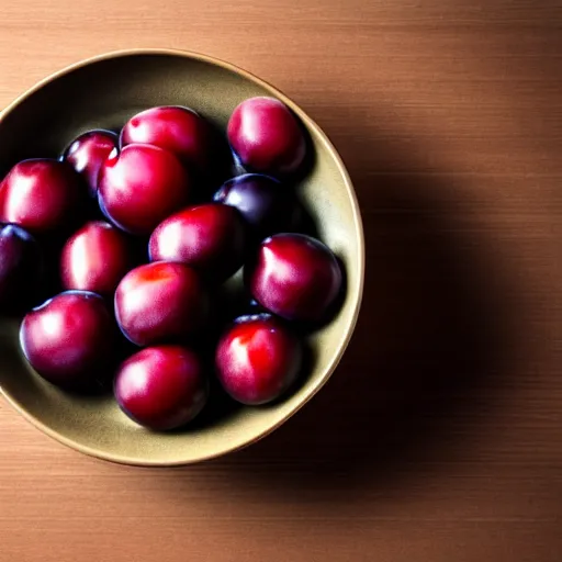 Image similar to photo of a thick porcelain bowl filled with a few moist freshly picked plums on a wooden table. volumetric lighting. 4 k. small scale. realistic. top down.