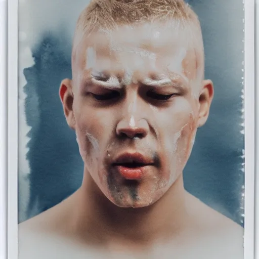 Image similar to a liquid white clay porcelain portrait of a dude face melt down flow go runny white skin fluid, realistic detailed watercolor polaroid, grainy image, contrast