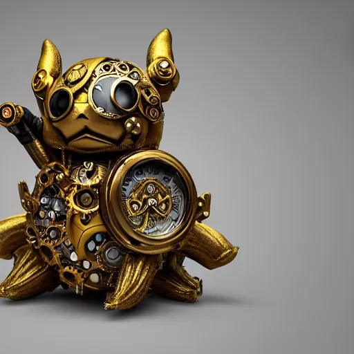 Image similar to A steampunk Pikachu made from ornate engraved full plate armor and watch gears and several jewels, macro shot by Justin Gerard, unreal engine, detailed, intricate, physically based rendering