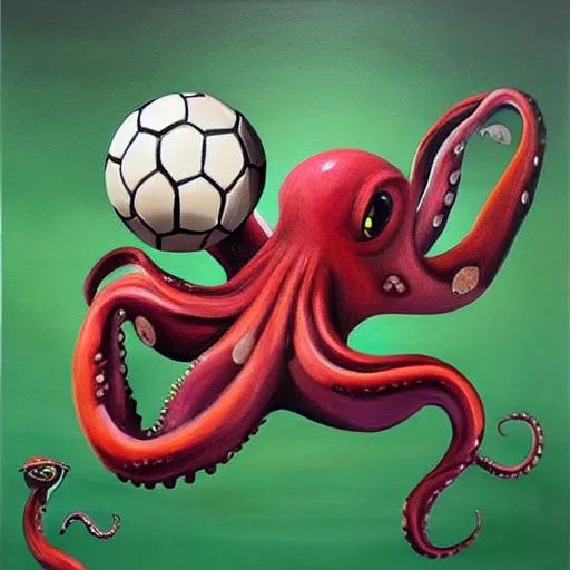 Image similar to photo - realistic painting of octopus plying soccer