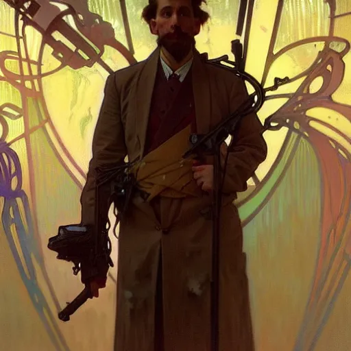 Image similar to portrait of a vicotrian man in suit by alphonse mucha, simon stalenhag and darek zabrocki, cinematic and atmospheric, concept art, artstation, trending on artstation