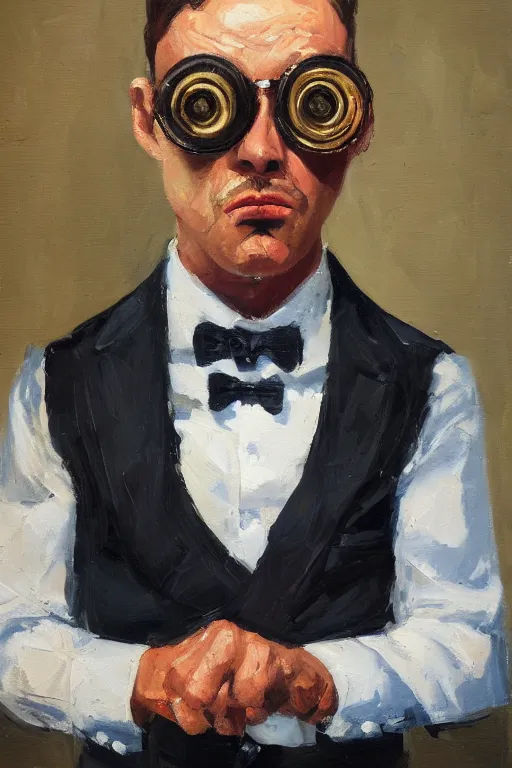 Image similar to palette knife oil painting portrait of graham, a fellow in a three - piece suit and monocle, peering over from his heavy, lacquered oak reception desk, extreme detail, artstation trending, artgerm, any racial background, deviant art, octane, substance, art history 8 k