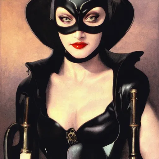 Image similar to Painting of Madonna as Catwoman from Batman Returns. Art by william adolphe bouguereau. During golden hour. Extremely detailed. Beautiful. 4K. Award winning.