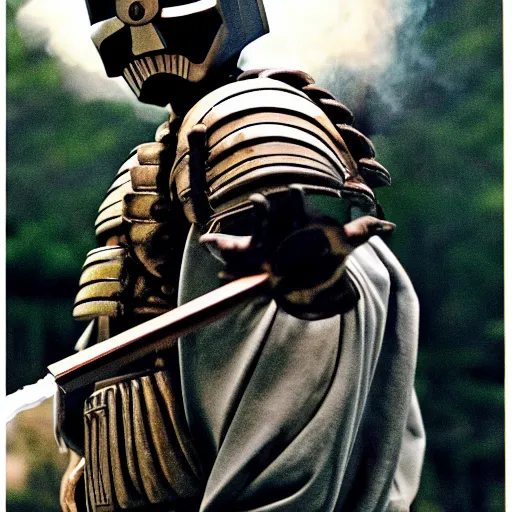 Image similar to cinematic film still MF Doom starring as a Samurai holding fire, Japanese CGI, VFX, 2003, 40mm lens, shallow depth of field,film photography