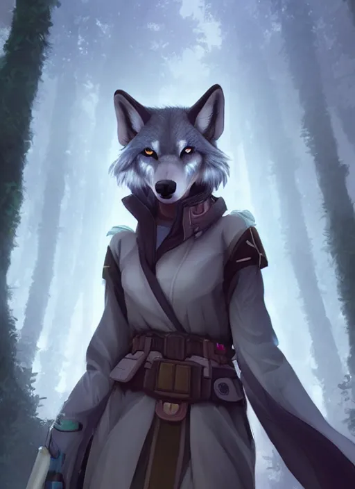 Prompt: beautiful portrait of a female anthro wolf fursona wearing jedi robes in a forest cyberpunk city. character design by charlie bowater, ross tran, artgerm, and makoto shinkai, detailed, soft lighting, rendered in octane