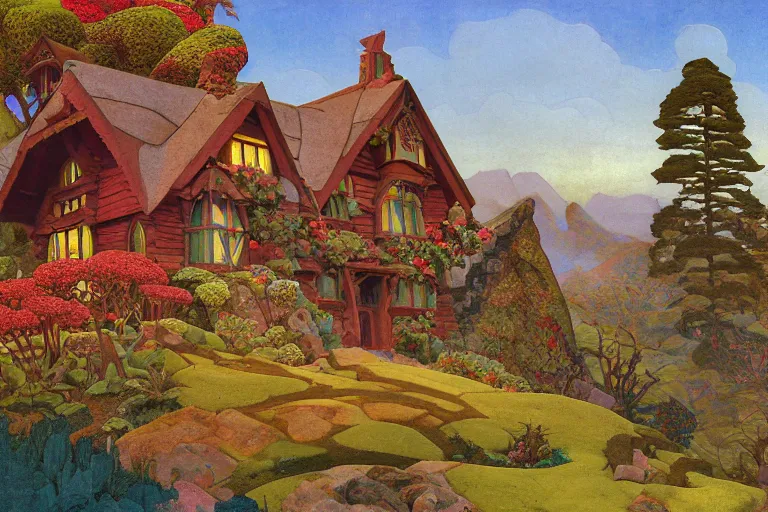 Image similar to the enchanted cottage and gardens of a wise woman on a mountaintop, dramatic cinematic lighting, folk-art carved painted wood house, rich colors, by Nicholas Roerich and William Dyce and ford madox brown and April Gornik and Caspar David Friedrich and Diego Rivera and Tyler Edlin and Ivan Bilibin, featured on artstation