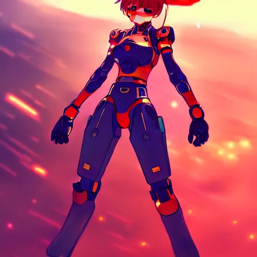 Image similar to digital anime art, wlop, rossdraws, sakimimichan, very small cute girl standing on a large table, red mech arms and red mech legs,