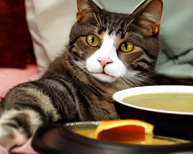 Image similar to cat laying in bed drinking chicken soup while watching the late show.