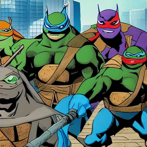 Image similar to ninja turtles fighting batman