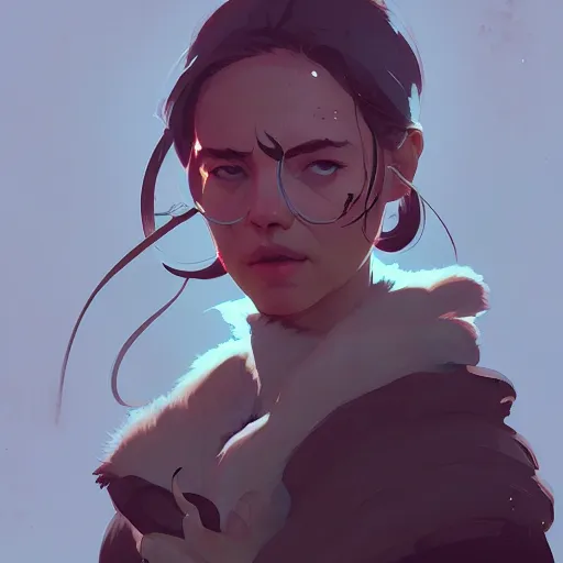 Image similar to portrait of the hunt goddess by atey ghailan, by greg rutkowski, by simon stalenhag, by greg tocchini, by james gilleard, by joe fenton, by kaethe butcher dynamic lighting, gradient light blue, brown, blonde cream and white color scheme, grunge aesthetic