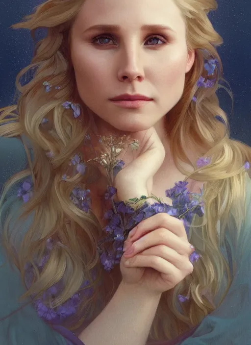 Prompt: beautiful portrait of kristen bell, soft features, by magali villeneuve and greg rutkowski and artgerm and alphonse mucha and jeremy lipkin and rob hay, intricate, elegant, highly detailed, photorealistic, trending on artstation, trending on cgsociety, 8 k, sharp focus