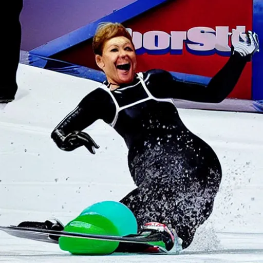 Image similar to sports illustrated olympics photo, an elderly woman sliding down an ice luge at incredibly high speeds