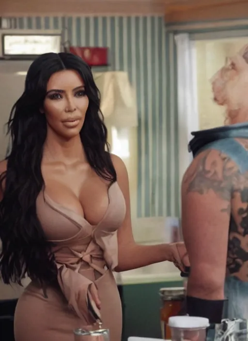 Image similar to film still of kim kardashian as a guest in trailer park boys,