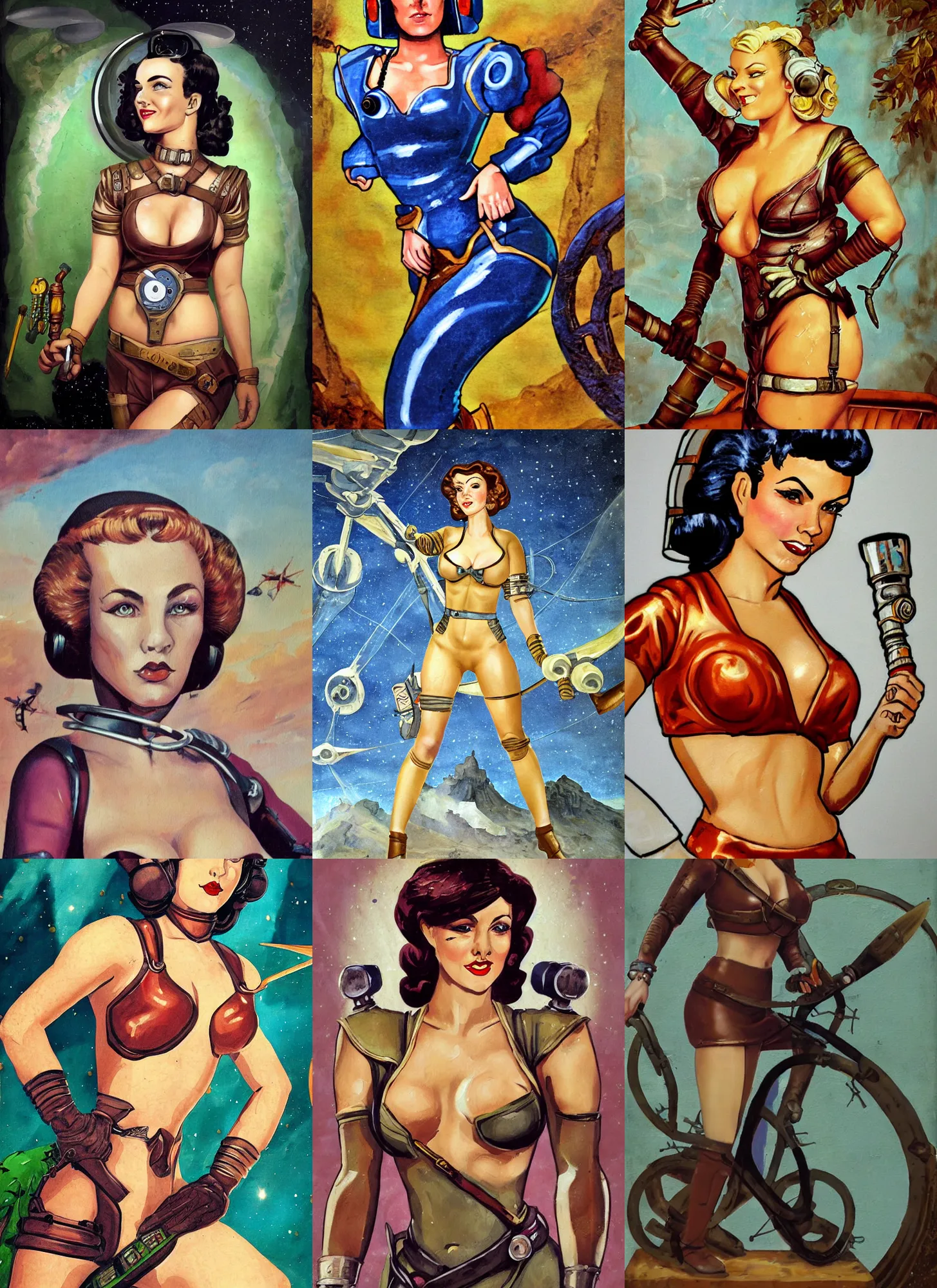 Image similar to fresco secco painting of a d & d style retro sci - fi pilot pinup, beautiful face and wearing full detailed clothing