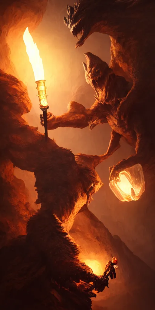 Image similar to a epic hero adventurer holding a torch in a dark cave, fantsy, concept art, artgerm, monster hunter world, 8 k realistic, radiant light, frostbite 3 engine, dof, cryengine, digital art, detailed background