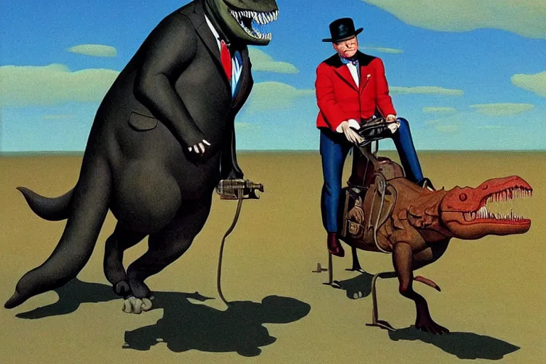 Prompt: Winston Churchill riding a T-Rex, painting by Jean Giraud and René Magritte and Gary Panter, claymation in octane