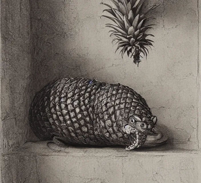 Prompt: a snake swallowing a pineapple in a throne room, highly detailed, epic, beautiful, trending on artstation, cinematic lighting, artwork by rembrandt