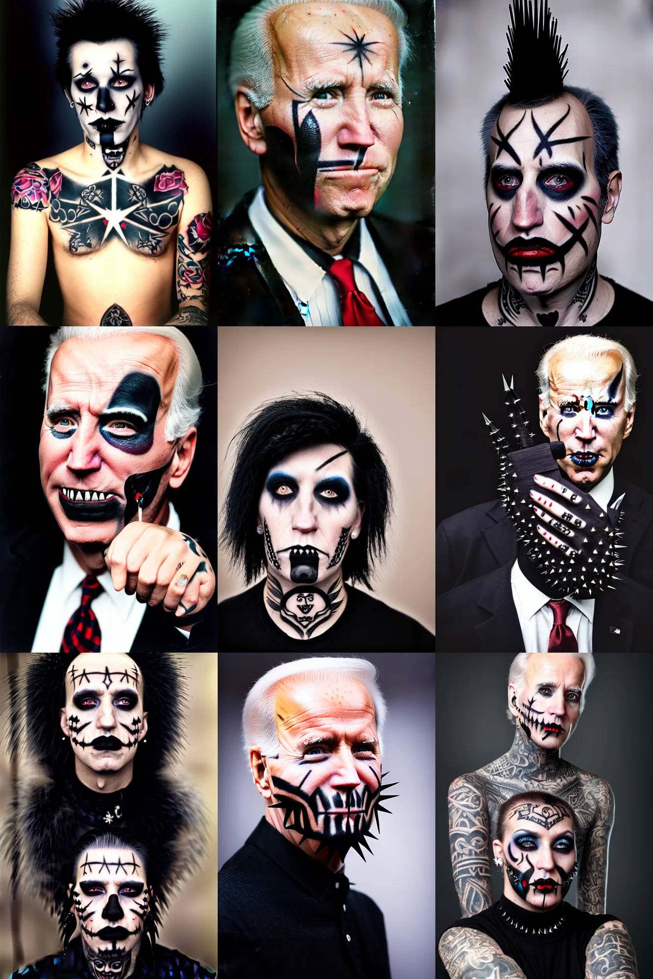 Prompt: Medium shot portrait of goth Joe Biden with makeup, facial tattoos, piercings, jet black spiky hair, sneering at the camera, F 1.8, Kodachrome