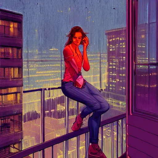 Prompt: a beautiful artwork of a woman in jeans and white shirt sitting on the balcony of a hotel at night, top view, neon and rainy theme atmosphere by Jerome Opeña, featured on artstation