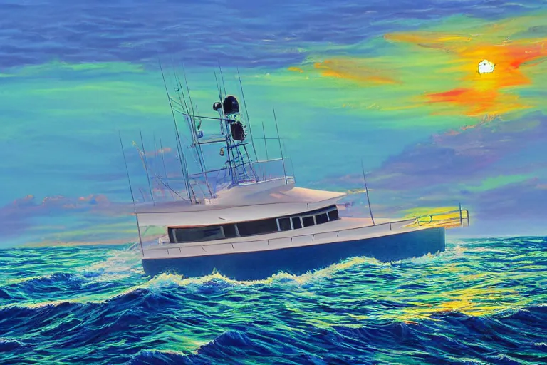 Prompt: A painting of a 60 foot Sport fishing yacht leaving out of the Galveston jetties at sunrise and headed offshore, inspired by Guy Harvey, digital art, insanely detailed