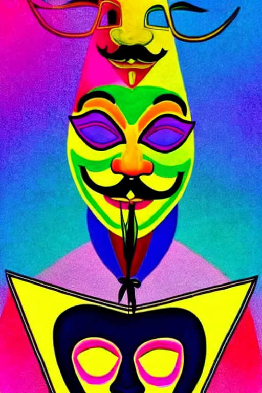 Image similar to guy fawkes mask, lisa frank + salvador dali,