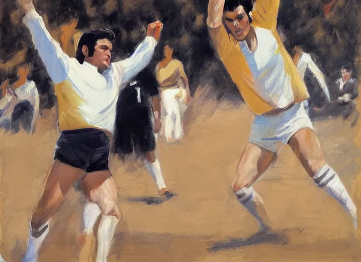 Prompt: a highly detailed beautiful portrait of elvis presley playing voleyball, by gregory manchess, james gurney, james jean