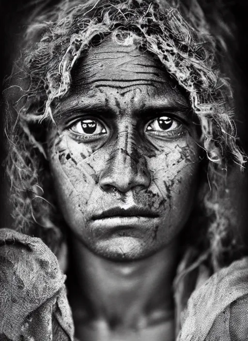 Image similar to Award winning Editorial photo of a Native Nauruans with incredible hair and beautiful hyper-detailed eyes wearing traditional garb by Lee Jeffries, 85mm ND 5, perfect lighting, gelatin silver process