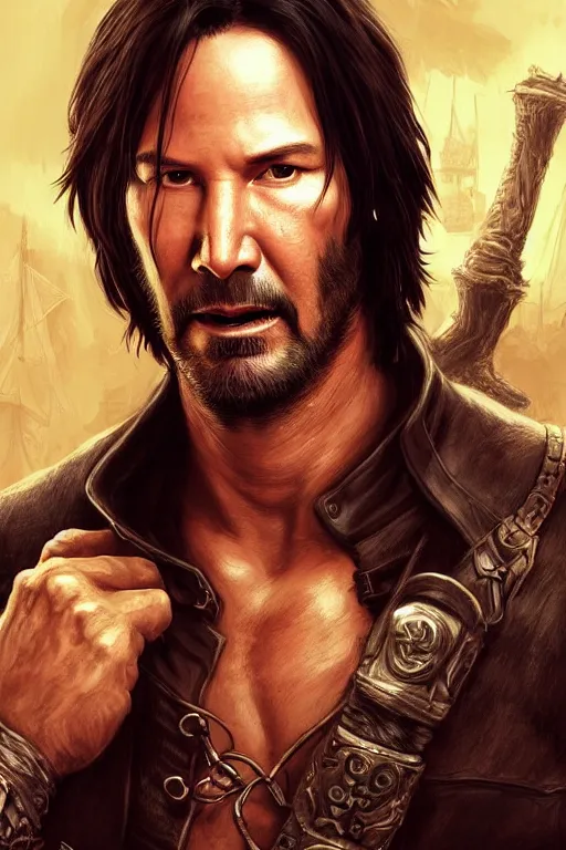 Prompt: ultra realistic illustration, hulking herculean keanu reeves as a rogue pirate thief from baldurs gate and diablo, intricate from baldurs gate, elegant, highly detailed, digital painting, artstation, concept art, smooth, sharp focus, illustration, art by artgerm and greg rutkowski and alphonse mucha