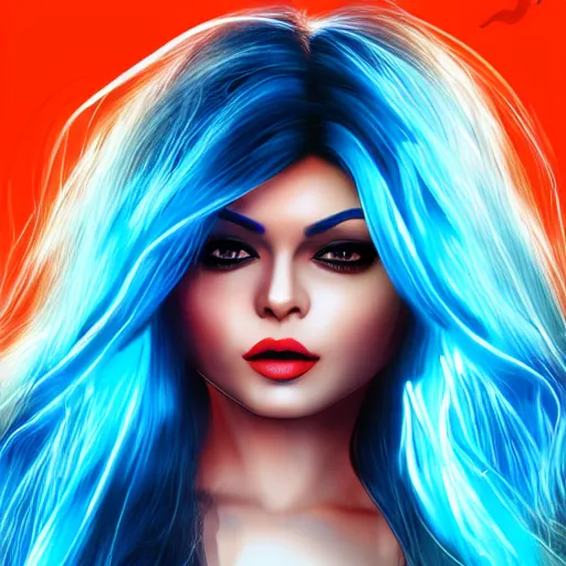 Prompt: portait of haifa wehbe asymmetric face, perfect lips licking tongue, long hair blue centred, hd, very detailed curve, digital painting, unreal engine, final fantasy style, amazing red orange background theme
