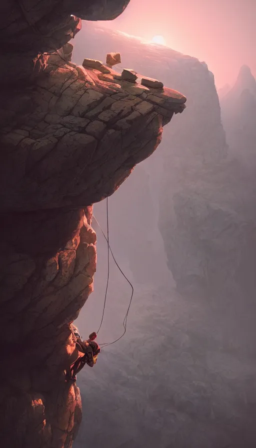 Prompt: rock climbers climbing a rock, an epic fantasy, dramatic lighting, cinematic, extremely high detail, photorealistic, cinematic lighting, matte painting, artstation, octane render, by simon stalenhag, horizon forbidden west