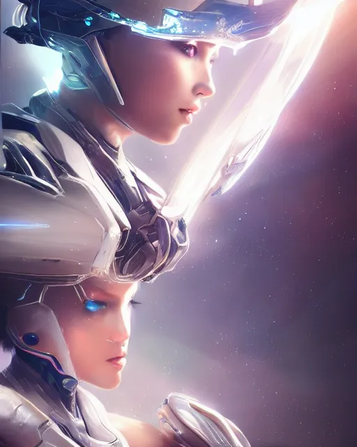 Prompt: photo of a beautiful girl on a mothership, android, warframe armor, pretty face, scifi, futuristic, galaxy, raytracing, dreamy, perfect, aura of light, pure, white hair, blue cyborg eyes, glow, insanely detailed, artstation, innocent look, art by gauthier leblanc, kazuya takahashi, huifeng huang