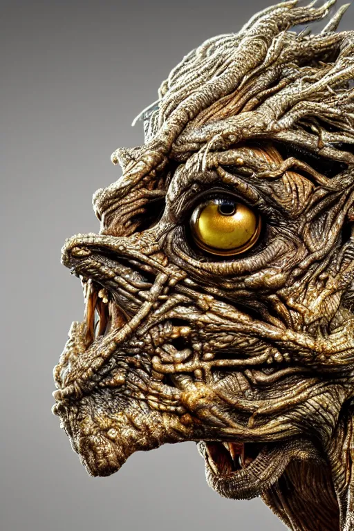 Prompt: photo taken of an epic intricate, ultra detailed, super realistic sculpture of a nightmarish creature created by weta workshop, zoomed in shots, photorealistic, sharp focus, white wall coloured workshop, f 0. 4, face centred, golden ratio, golden hour