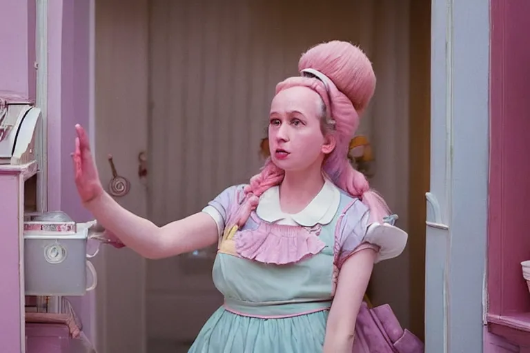 Prompt: mid-shot of as a maid in the new movie directed by Wes Anderson, symmetrical shot, idiosyncratic, relentlessly detailed, pastel, limited pastel colour palette, detailed face, movie still frame, promotional image, imax 70 mm footage, Javi Aznarez