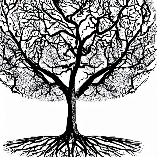 Prompt: a drawing of a tree with its canopy in the shape of a brain, featured on deviantart, black and white, detailed