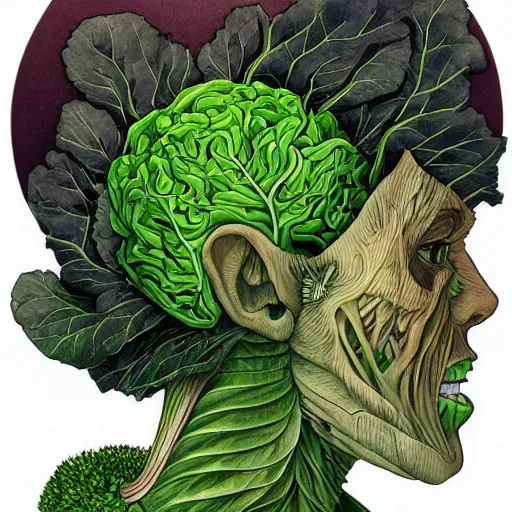 Image similar to the anatomy of a head of lettuce jojo's bizarre adventure, an ultrafine detailed painting by james jean, studio ghibli, behance contest winner, vanitas, angular, altermodern