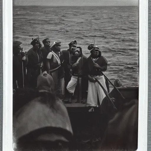 Prompt: christopher columbus with his crew on the coast of cuba talking with the natives, ships are visible in the background, photograph of 1 4 9 2, polaroid