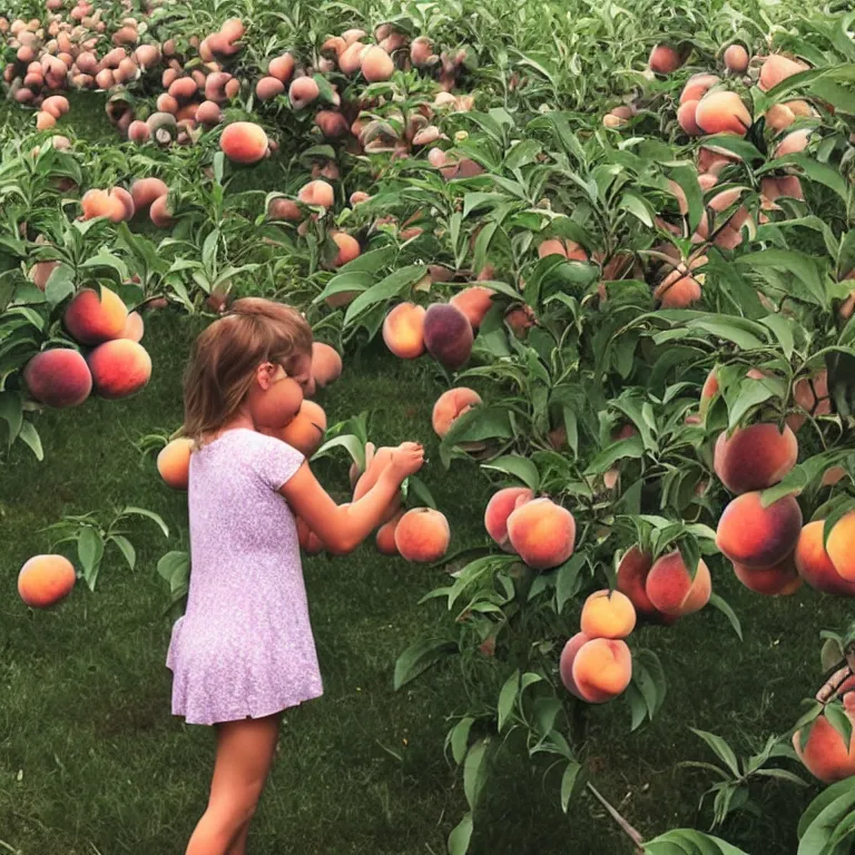 Image similar to a little girl picking peaches on another planet