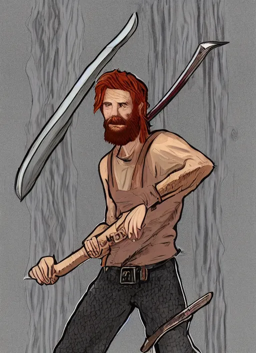 Image similar to grungy redhead 30-something scruffy bearded shoulder-length hair swordsman holding a short curved sword in a ultradetailed pacific northwest redcedar forest, smooth. sharp focus, grunge dingy high quality digital art detailed,