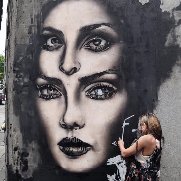 Image similar to Street-art portrait of Eve Mendes in style of Banksy, photorealism