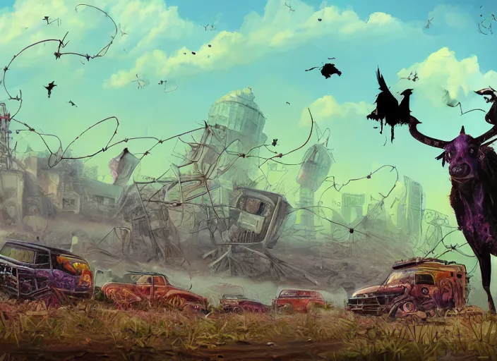 Prompt: a bad psychedelic trip, cows falling onto pits of fire, crows perched on a barbed wire fence, smog and abandoned vehicles litter the streets, zombified creatures walk the earth, digital painting masterpiece, trending on artstation and pixiv