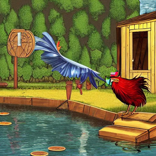 Image similar to A digital painting of a thief tripping and falling into a pond. In the background, there's a chicken coop where a rooster drinks from a wooden keg while sitting on stacks of dollar bills.