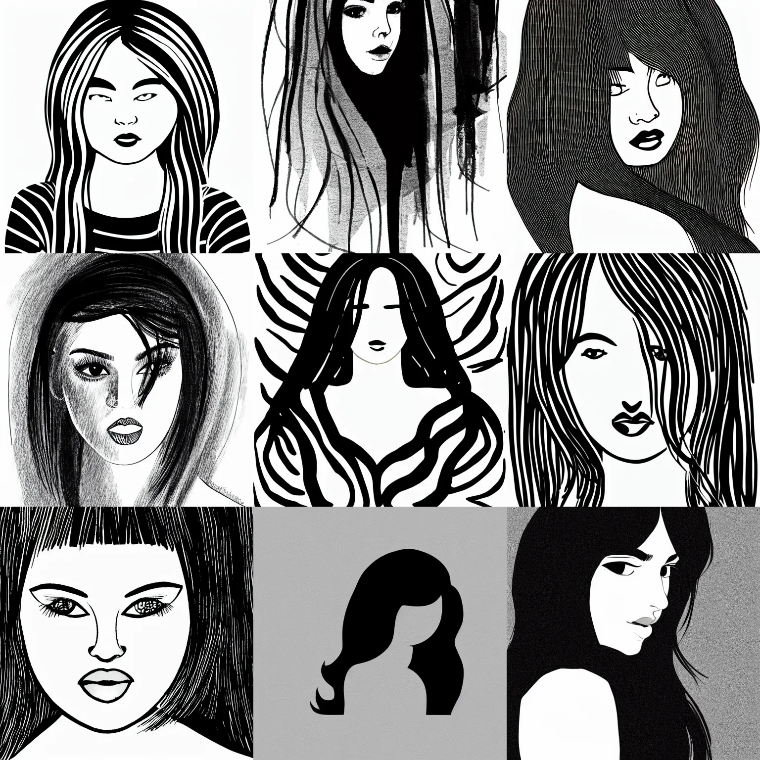 Prompt: beautiful minimalistic oneline drawing of girl. black and white sketch art. black hair, white face, contrast photo