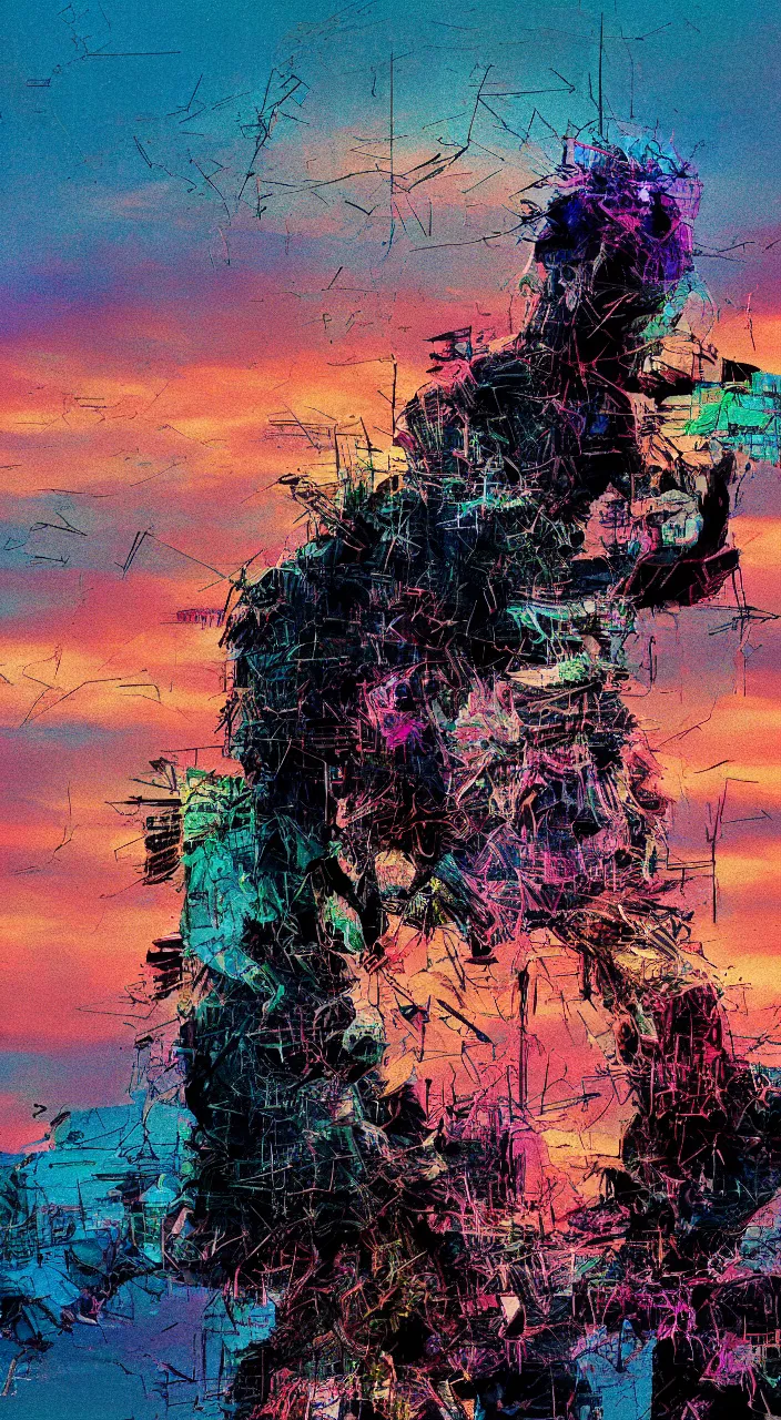 Image similar to pixel sorting in the style of ralph steadman, gearlord digital celluar automata, vivid dusk sunlight, color film grain, ultra realistic