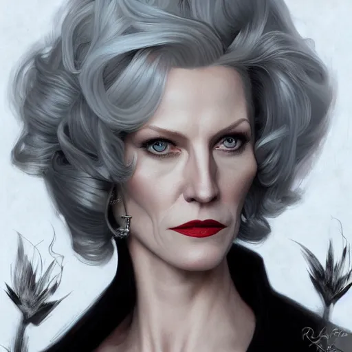 Image similar to portrait of Anna Gunn as Cruella de Vil, elegant, intricate, headshot, highly detailed, digital painting, artstation, concept art, sharp focus, illustration, art by artgerm and greg rutkowski and alphonse mucha