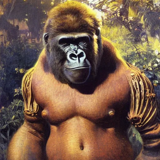 Prompt: highley detailed potrait of an anatomically correct gorilla mecha, painting by gaston bussiere, craig mullins, j. c. leyendecker, lights, art by ernst haeckel, john william godward, hammershøi,